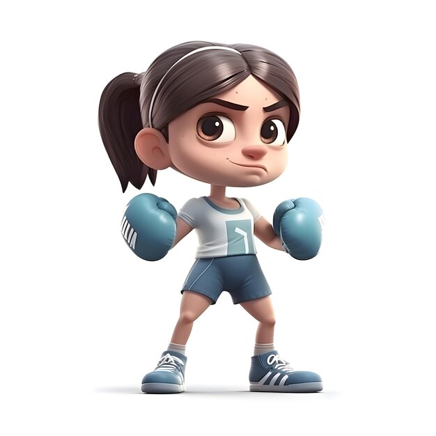 Renderização 3D de uma menina com luvas de boxe em fundo branco