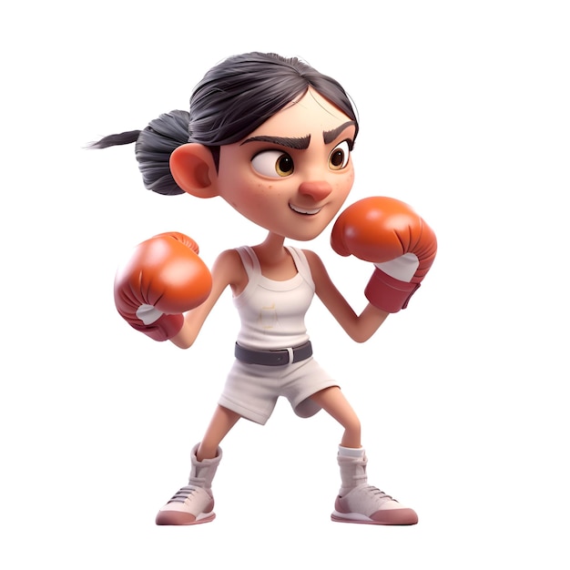 Foto renderização 3d de uma menina com luvas de boxe em fundo branco