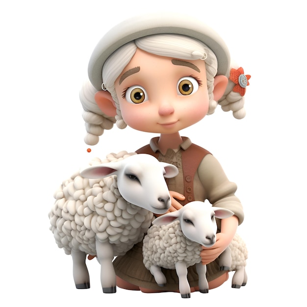 Renderização 3D de uma menina com ovelhas isoladas em branco