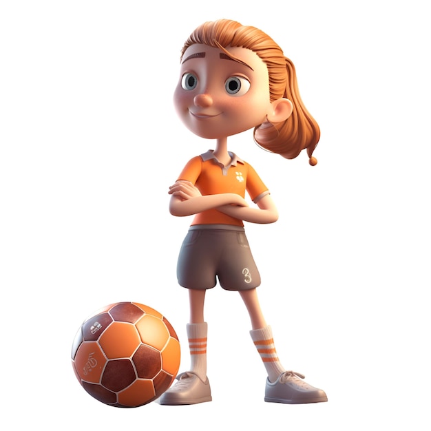 Foto renderização 3d de uma menina com uma bola de futebol em fundo branco