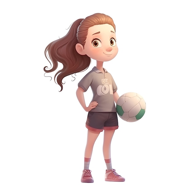 Renderização 3D de uma menina com uma bola de futebol isolada em fundo branco