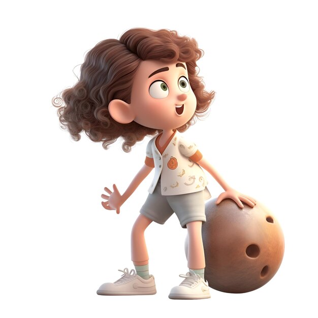 Renderização 3D de uma menina com uma bola de madeira em fundo branco