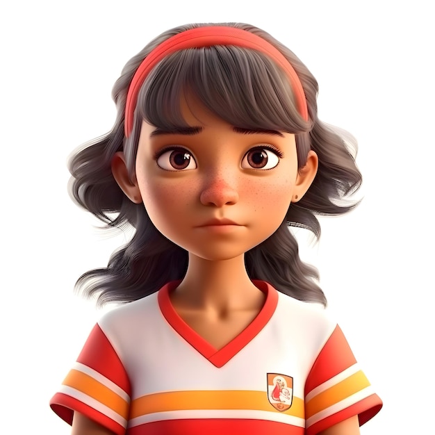 Foto renderização 3d de uma menina com uma camisa de futebol em um fundo branco