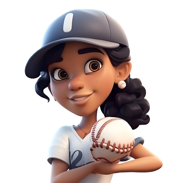 Foto renderização 3d de uma menina jogadora de beisebol com capacete e bola