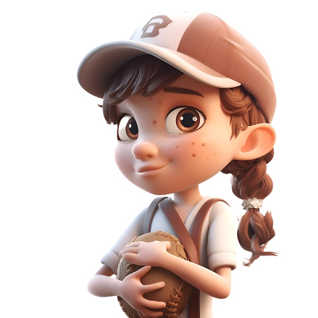 Renderização 3D de uma menina jogadora de beisebol com uma bola de beisbol