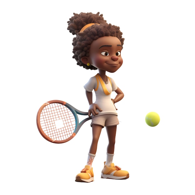 Renderização 3D de uma menina negra jogando tênis isolada em fundo branco