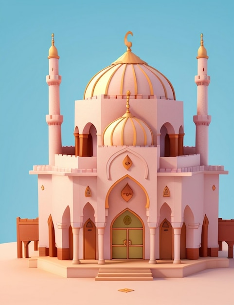 Foto renderização 3d de uma mesquita em fundo de cor plana para ramadan kareem