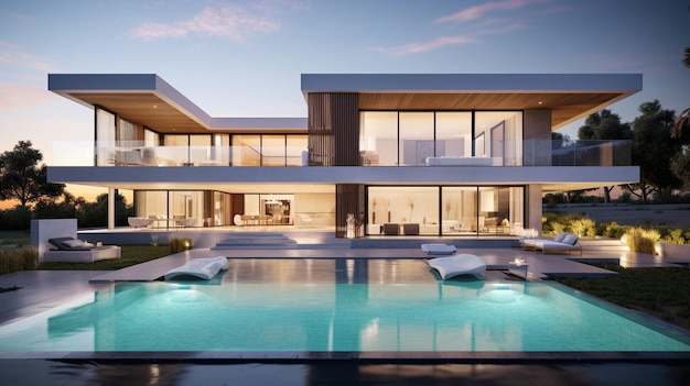 Renderização 3D de uma moderna casa luxuosa com piscina