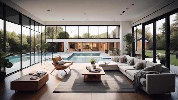 renderização 3D de uma moderna sala de estar com piscina