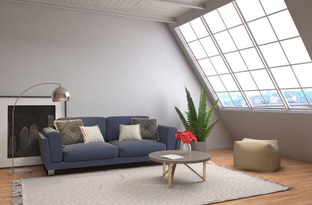 Renderização 3D de uma moderna sala de estar com um sofá