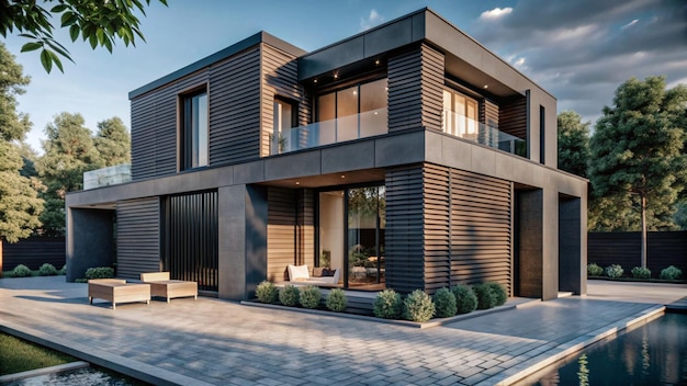 Renderização 3D de uma moderna vila cúbica