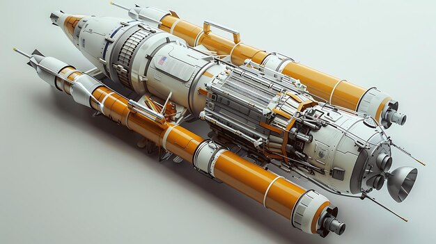 Foto renderização 3d de uma nave espacial futurista a nave é branca e laranja com um design elegante tem dois grandes motores e vários propulsores menores