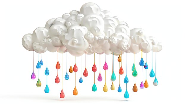 Renderização 3D de uma nuvem branca fofa com gotas de chuva coloridas penduradas nela
