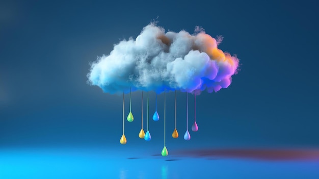 Renderização 3D de uma nuvem branca fofa com gotas de chuva coloridas penduradas nela