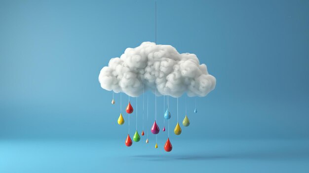 Renderização 3D de uma nuvem branca fofa com gotas de chuva coloridas