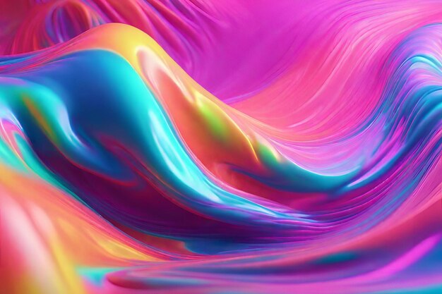 Renderização 3D de uma onda curva de néon holográfica iridescente fluindo abstrato em movimento com colorido