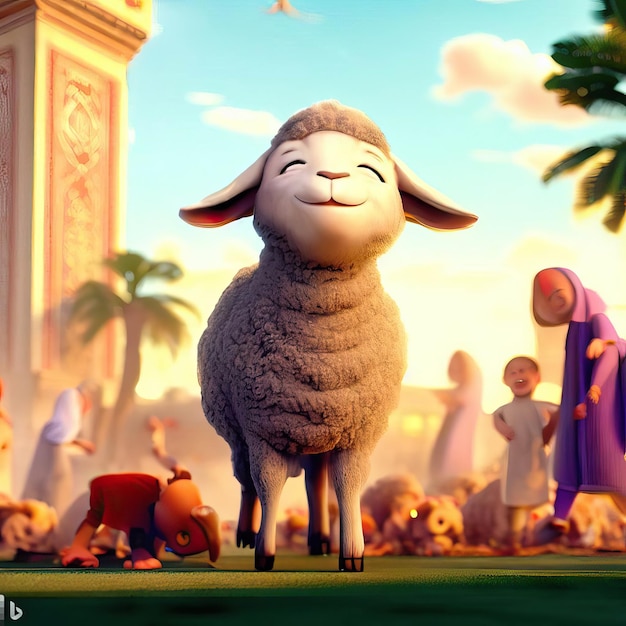 Renderização 3D de uma ovelha feliz celebrando a festa do Eid Al Adha