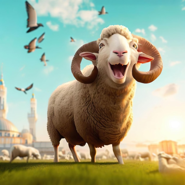 Foto renderização 3d de uma ovelha feliz celebrando a festa do eid al adha