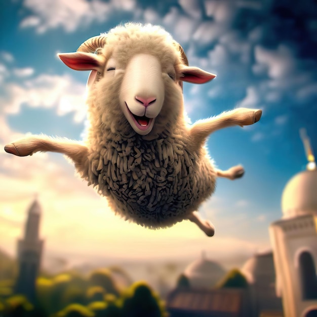 Foto renderização 3d de uma ovelha voadora feliz celebrando a festa do eid al adha
