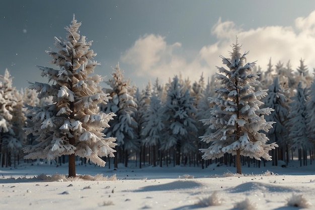 Renderização 3D de uma paisagem de árvores nevadas desfocadas