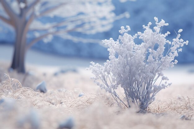 Renderização 3D de uma paisagem de árvores nevadas desfocadas