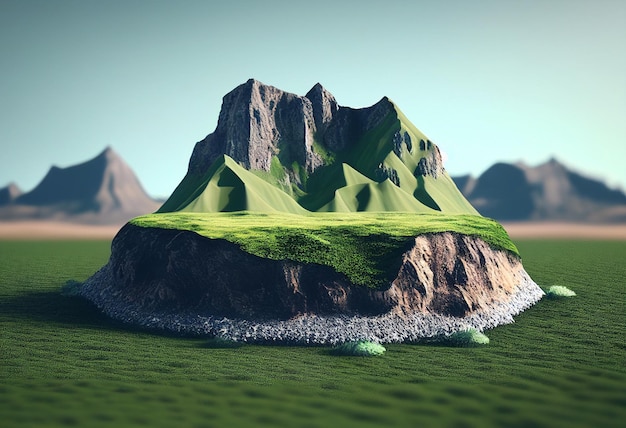 renderização 3D de uma paisagem de fantasia com montanhas e um prado generativo ai