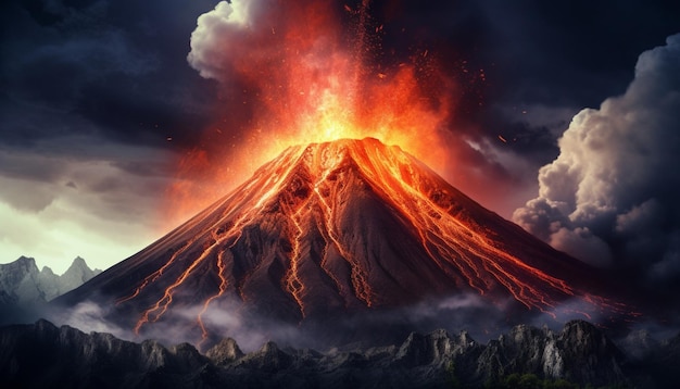 Renderização 3D de uma paisagem natural escura e futurista apresentando um vulcão explosivo e lava NeonLit