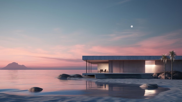 Foto renderização 3d de uma pequena casa em uma praia do mar o oceano é visível à distância