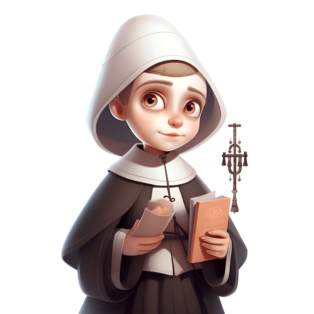 renderização 3D de uma pequena freira segurando uma bíblia e um rosário