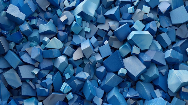 Renderização 3D de uma pilha de formas geométricas primitivas azuis em um fundo abstrato azul
