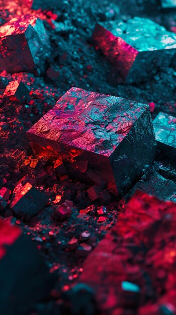 Renderização 3D de uma pilha de rochas com luzes vermelhas e azuis