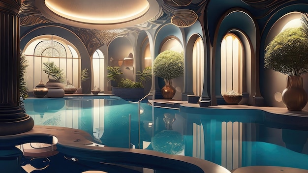 renderização 3D de uma piscina de hotel de luxo à noite