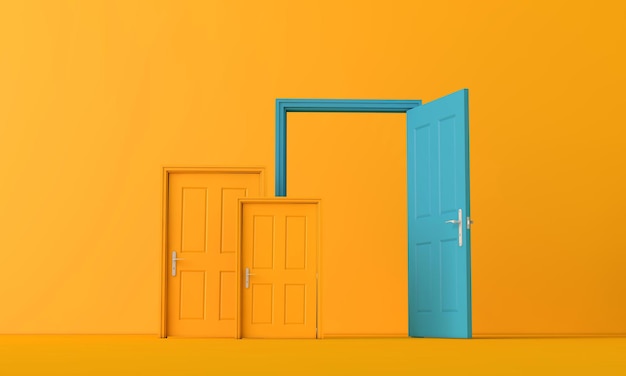 Renderização 3D de uma porta aberta. Conceito de oportunidade de negócio.