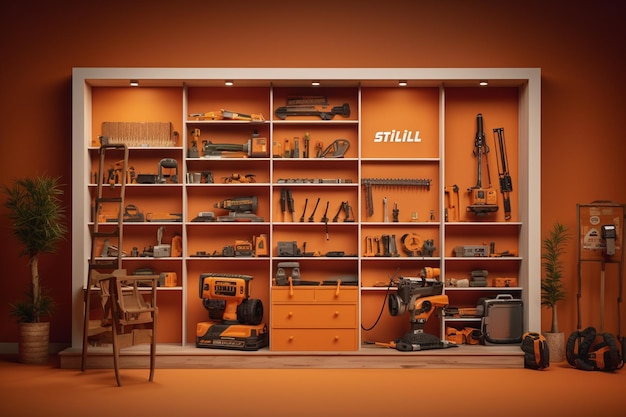 Renderização 3D de uma prateleira de ferramentas de trabalho em uma garagem com fundo laranja