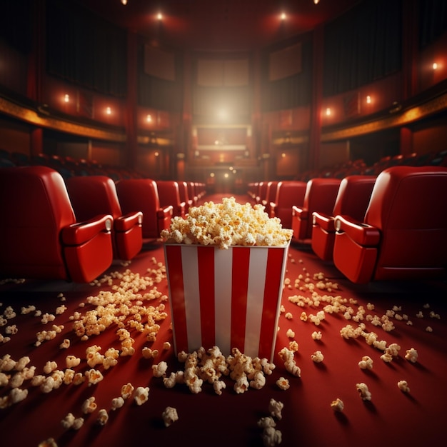 Renderização 3D de uma sala de cinema com cadeiras vermelhas e pipoca