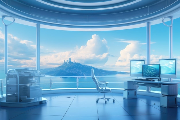 Renderização 3D de uma sala de cirurgia com vista para as montanhas Uma sala de computador oferece uma vista para as ilhas do mar e o céu