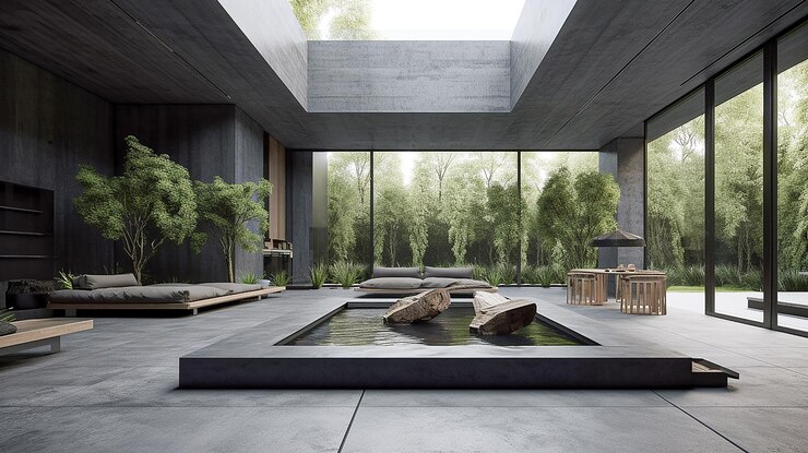 Foto renderização 3d de uma sala de estar moderna com uma piscina em uma casa