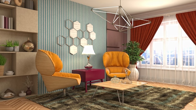 Renderização 3D de uma sala de estar moderna e aconchegante