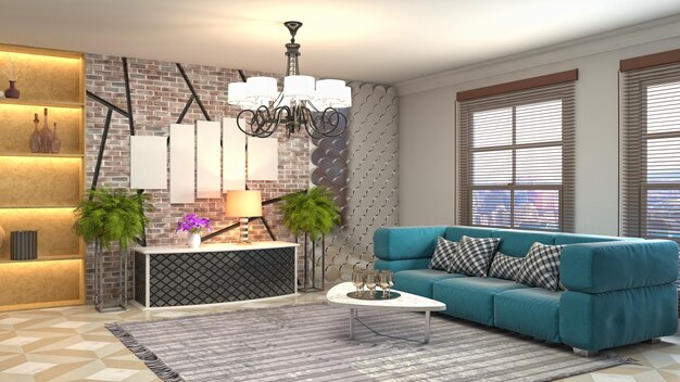 Renderização 3D de uma sala de estar moderna e aconchegante