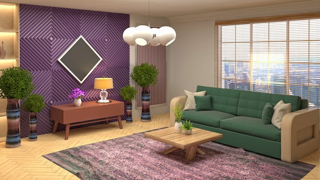 Renderização 3D de uma sala de estar moderna e aconchegante