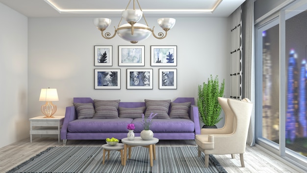 Renderização 3D de uma sala de estar moderna e elegante