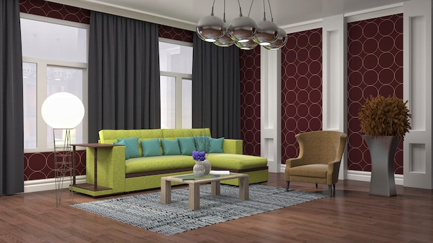 Renderização 3D de uma sala de estar moderna e elegante