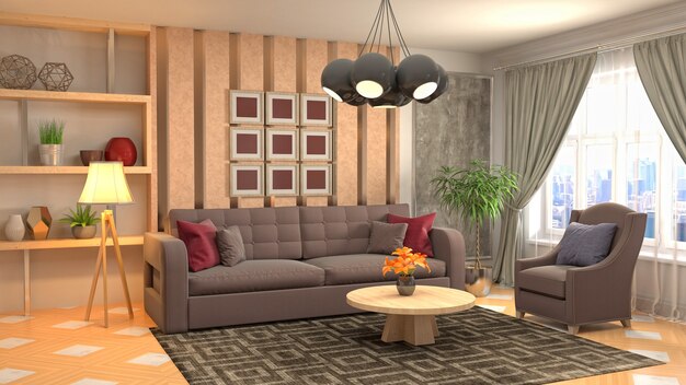Renderização 3D de uma sala de estar moderna