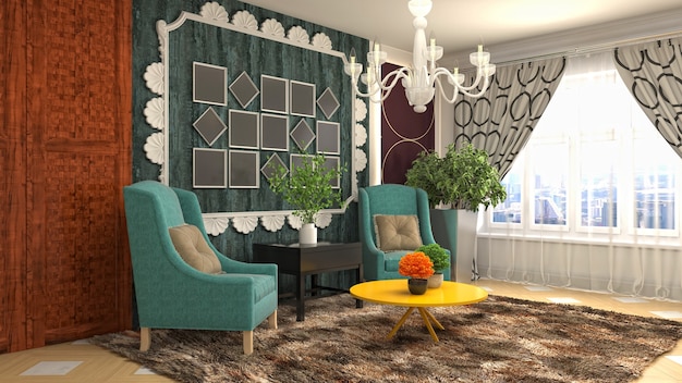 Renderização 3D de uma sala de estar moderna