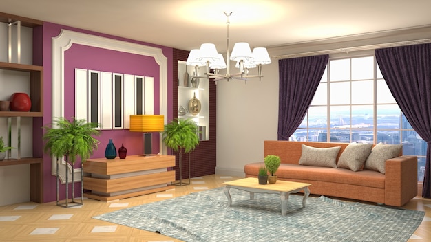 Renderização 3D de uma sala de estar moderna