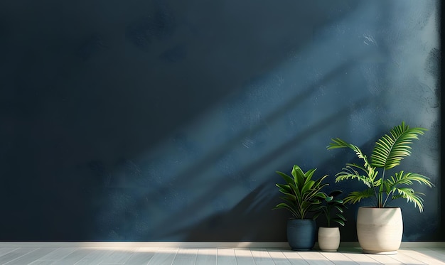 Renderização 3D de uma sala interior com parede azul e planta verde