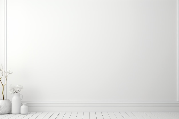Foto renderização 3d de uma sala interior com parede branca e vaso