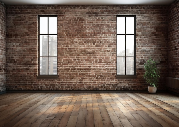 Renderização 3D de uma sala vazia com uma grande janela em estilo loft Piso de madeira e parede de tijolos em um interior moderno Espaço luminoso e espaçoso com muita luz natural Perfeito para espaço de cópia