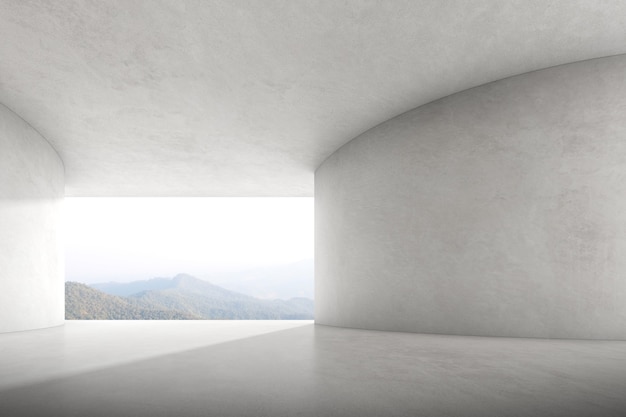 Renderização 3D de uma sala vazia de concreto com grande janela