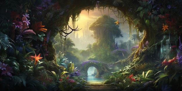 Renderização 3D de uma selva tropical com um pavão e folhas de flores e um arco à distância Generative Ai